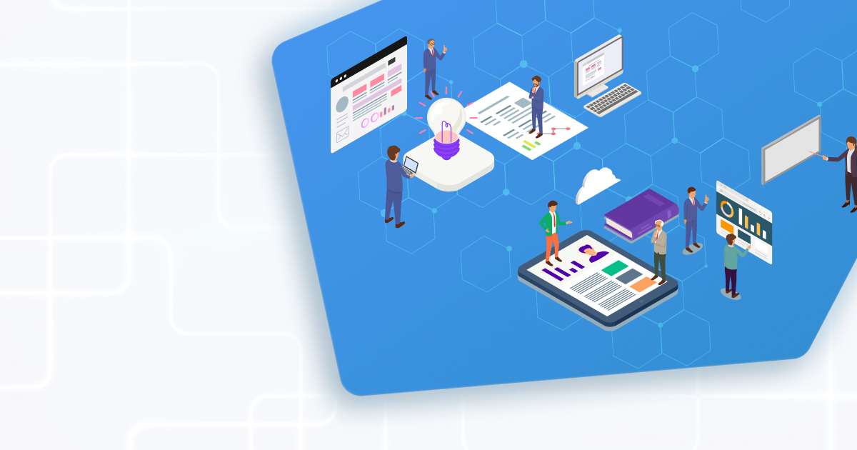 ビジネスやデジタルコンテンツ制作をイメージした多様なアイコンと人物のイラスト